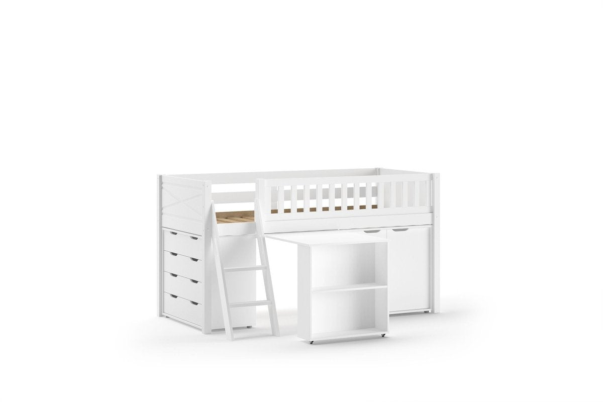 VIPACK-Lit Mezzanine Mi-Hauteur (H 115CM) SCOTT Avec Échelle 90 X 200 cm Blanc