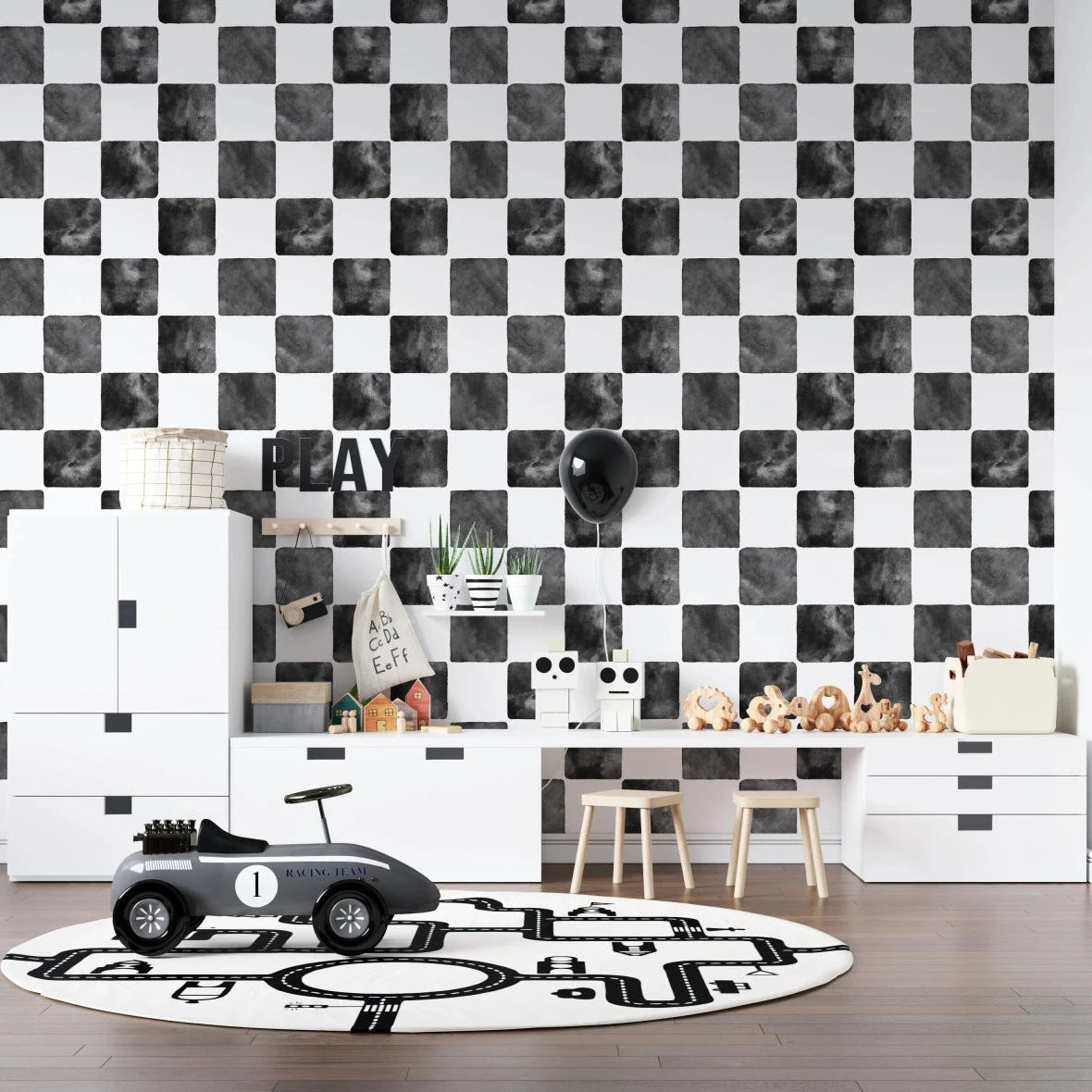 MUNKS & ME-Papier Peint Chambre Enfant à Motif Répété - À Carreaux Billys | Noir