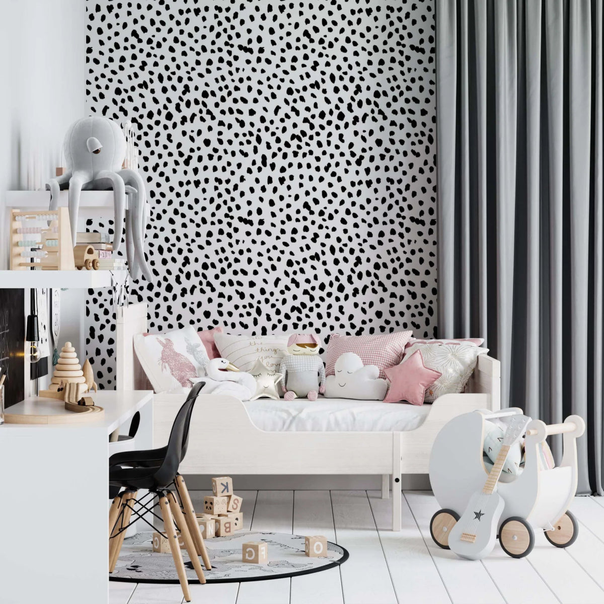 MUNKS & ME-Papier Peint Chambre Enfant à Motif Répété - À Pois Dalmatien | Noir