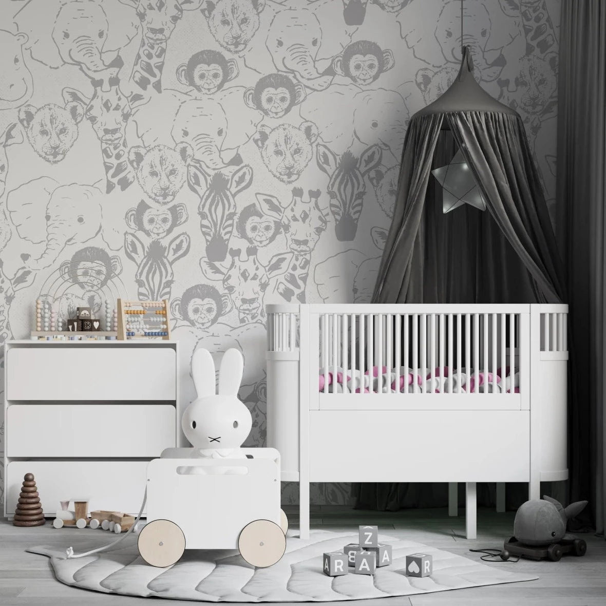 MUNKS & ME-Papier Peint Chambre Enfant à Motif Répété - Bébé Safari Animal - Gris