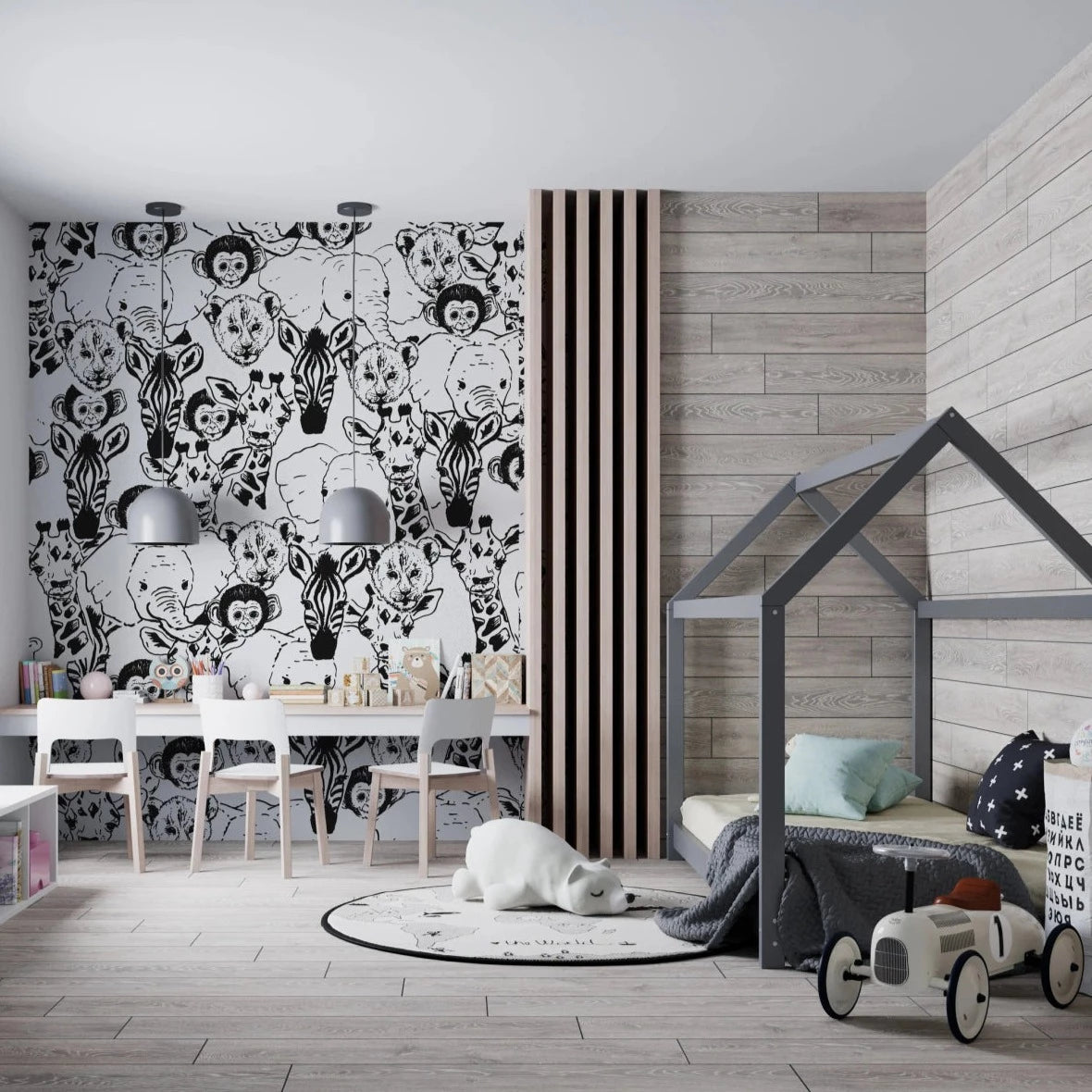 MUNKS & ME-Papier Peint Chambre Enfant à Motif Répété - Bébé Safari Animal - Noir