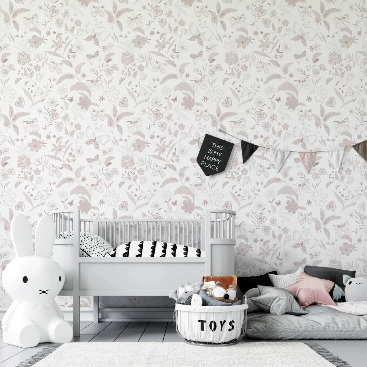 MUNKS & ME-Papier Peint Chambre Enfant à Motif Répété - De Jardin De Papillons | Rose