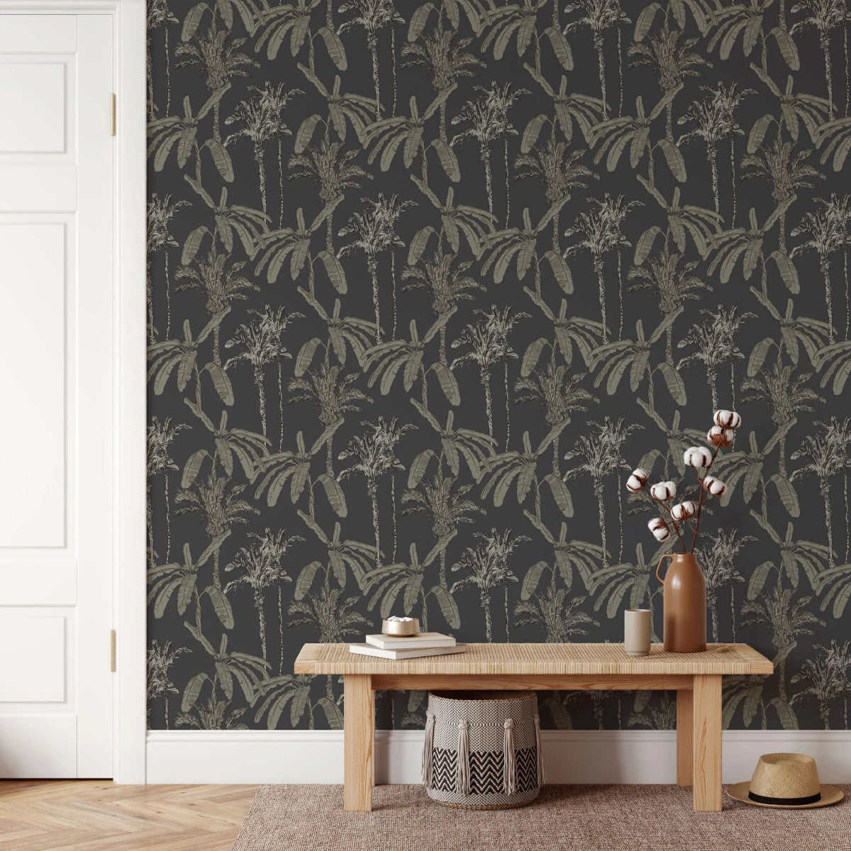 MUNKS & ME-Papier Peint Chambre Enfant à Motif Répété - Ezra Palm Print - Charbon