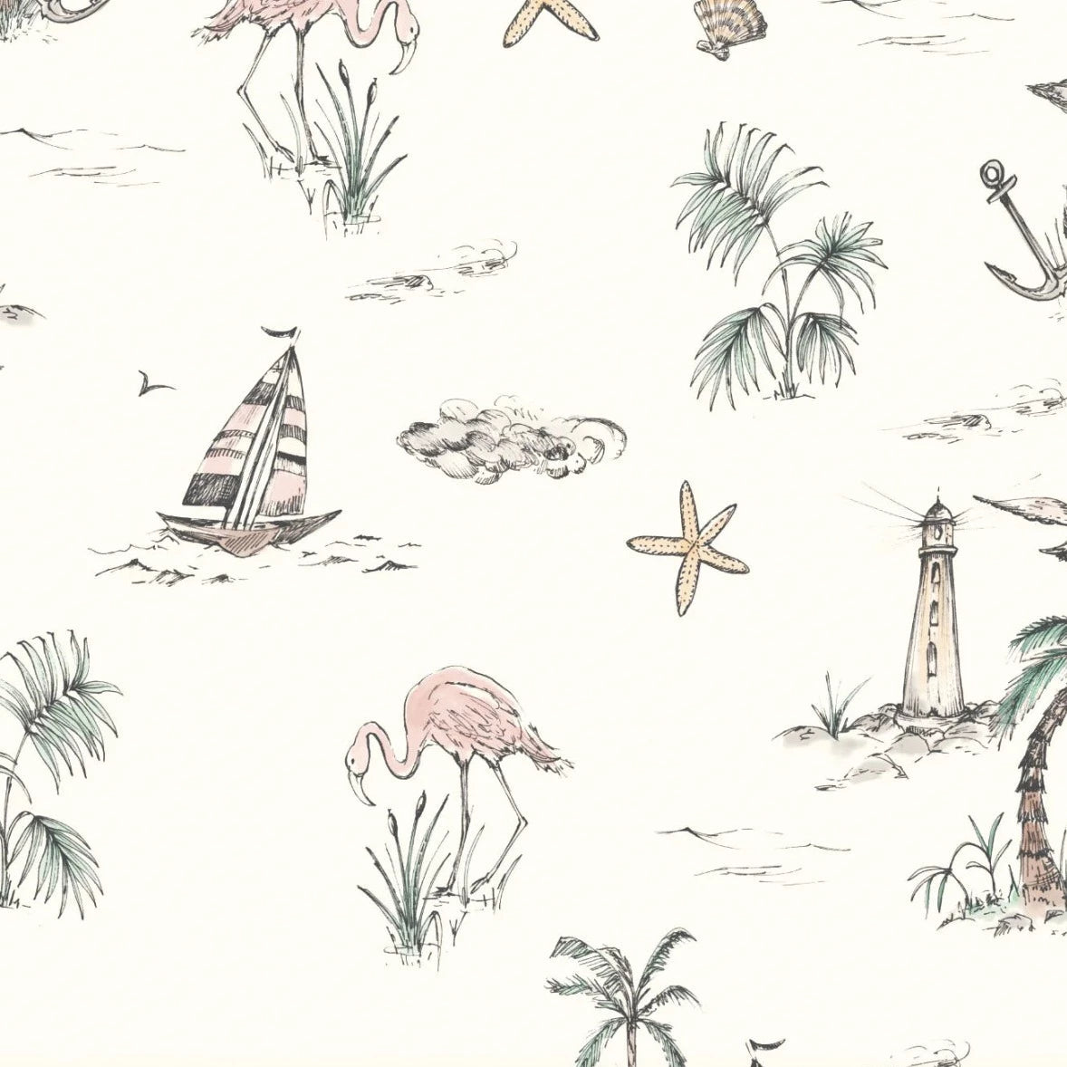 MUNKS & ME-Papier Peint Chambre Enfant à Motif Répété - Flamant Rose En Bord De Mer