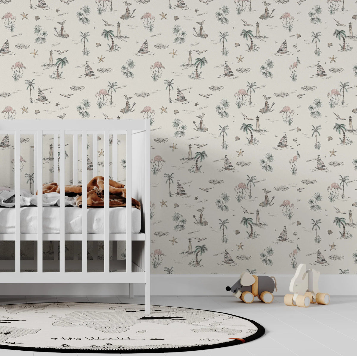 MUNKS & ME-Papier Peint Chambre Enfant à Motif Répété - Flamant Rose En Bord De Mer