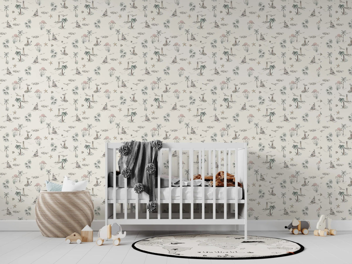MUNKS & ME-Papier Peint Chambre Enfant à Motif Répété - Flamant Rose En Bord De Mer