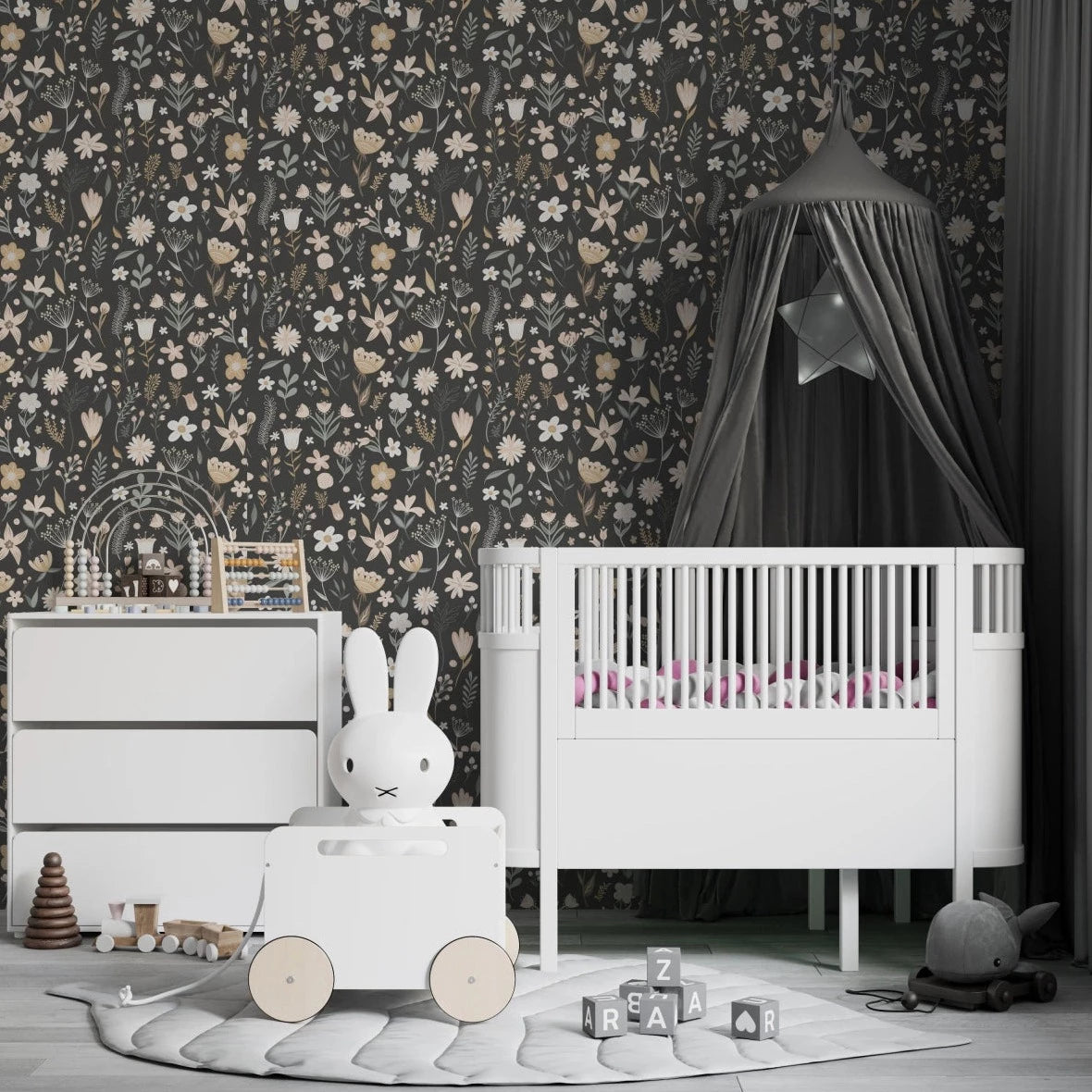 MUNKS & ME-Papier Peint Chambre Enfant à Motif Répété - Floral Millie | Charbon