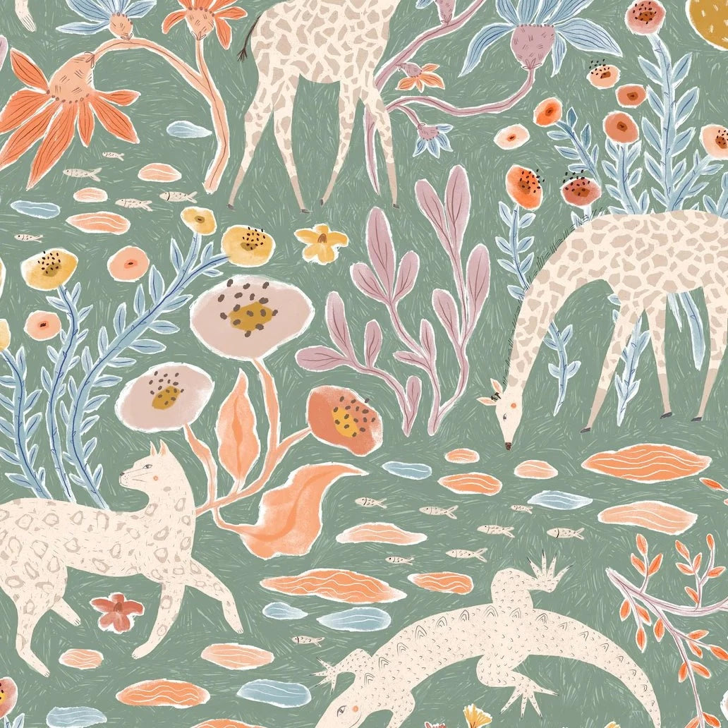 MUNKS & ME-Papier Peint Chambre Enfant à Motif Répété - Mils Menagerie - Sauge