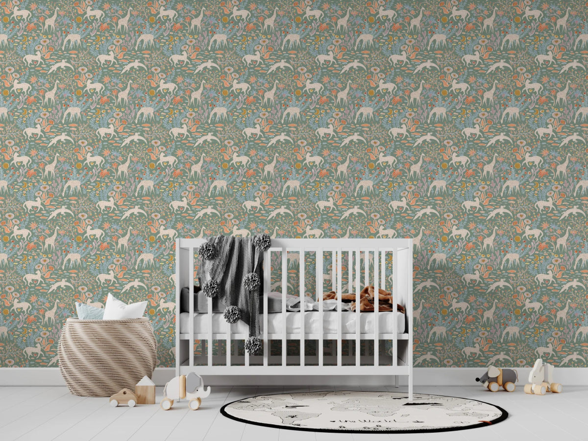 MUNKS & ME-Papier Peint Chambre Enfant à Motif Répété - Mils Menagerie - Sauge