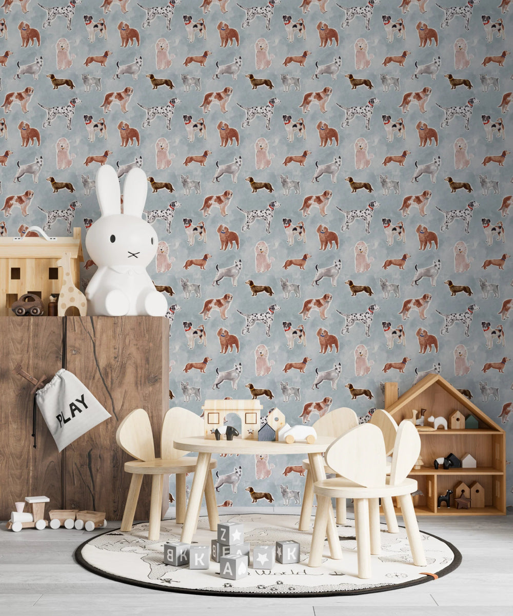 MUNKS & ME-Papier Peint Chambre Enfant à Motif Répété - Rigby Dog - Bleu