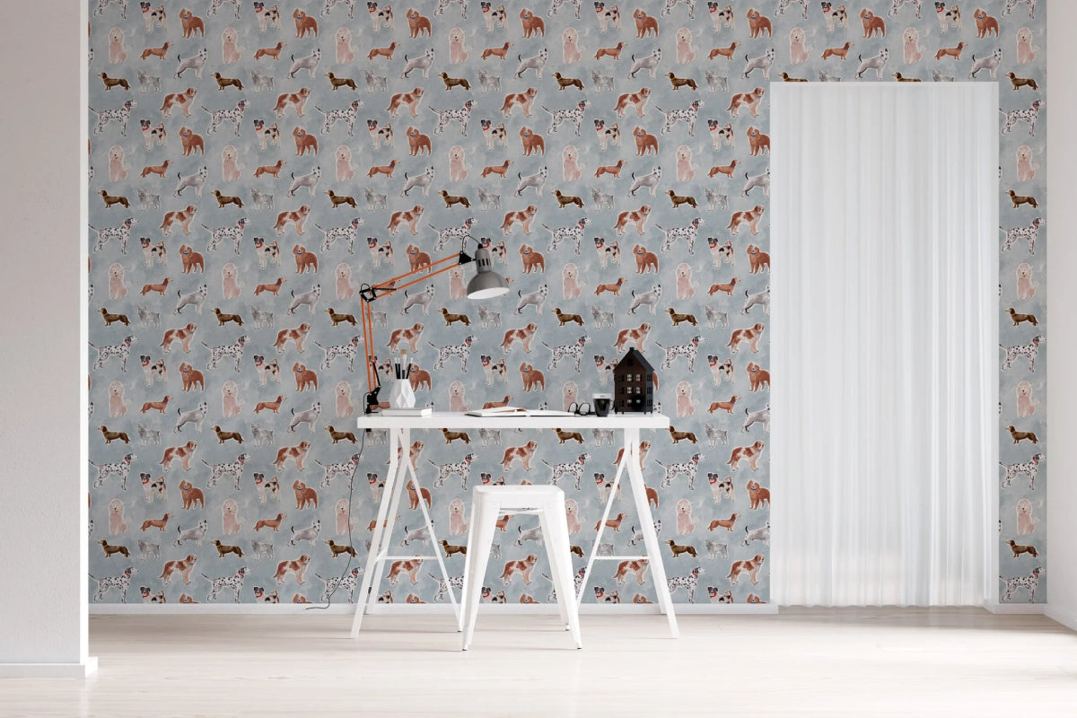 MUNKS & ME-Papier Peint Chambre Enfant à Motif Répété - Rigby Dog - Bleu