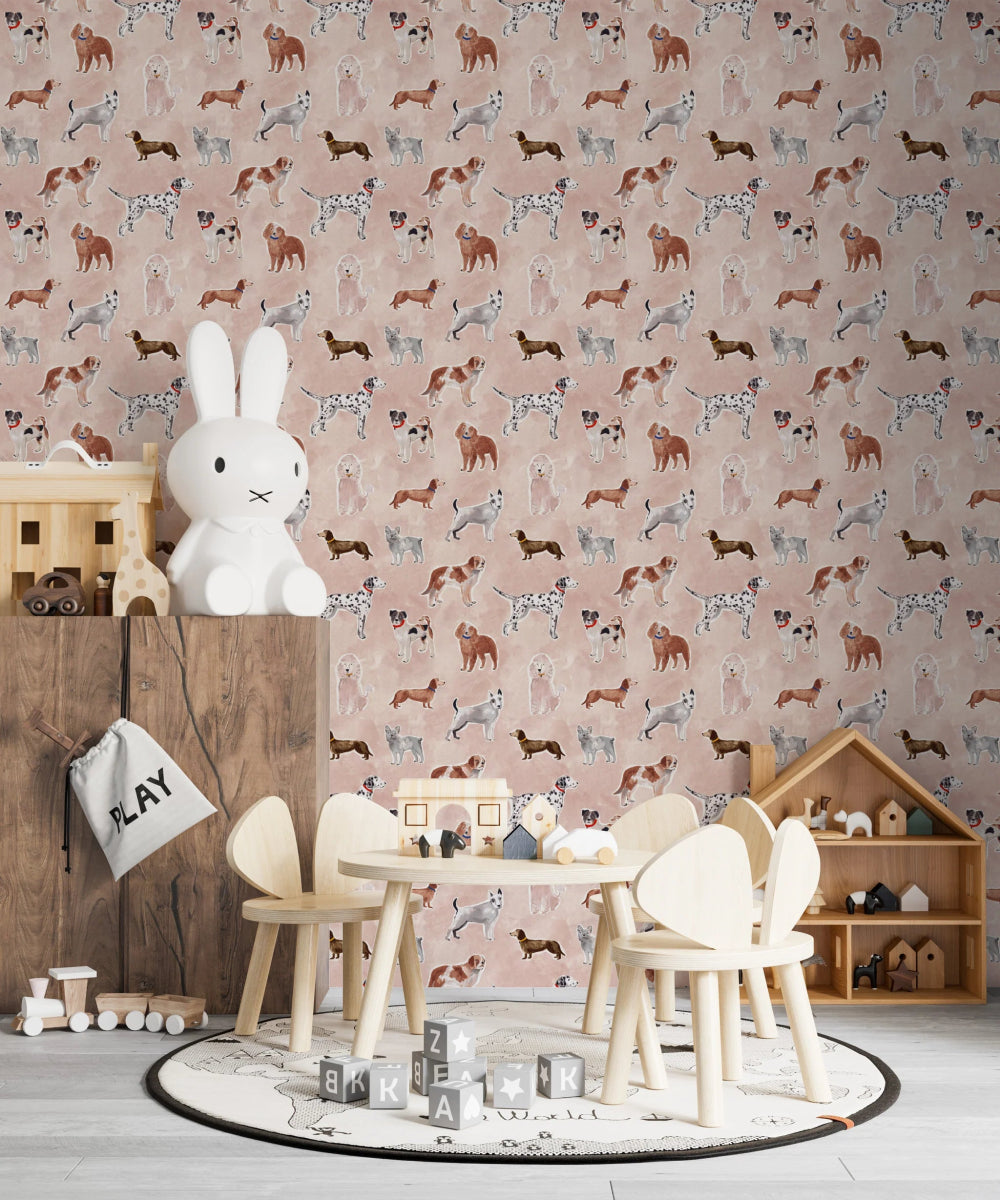 MUNKS & ME-Papier Peint Chambre Enfant à Motif Répété - Rigby Dog - Rose