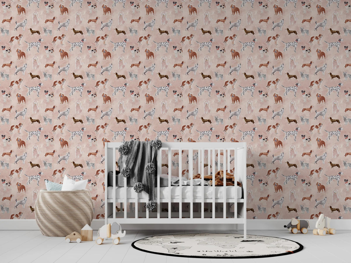 MUNKS & ME-Papier Peint Chambre Enfant à Motif Répété - Rigby Dog - Rose