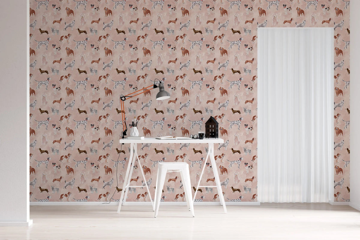 MUNKS & ME-Papier Peint Chambre Enfant à Motif Répété - Rigby Dog - Rose
