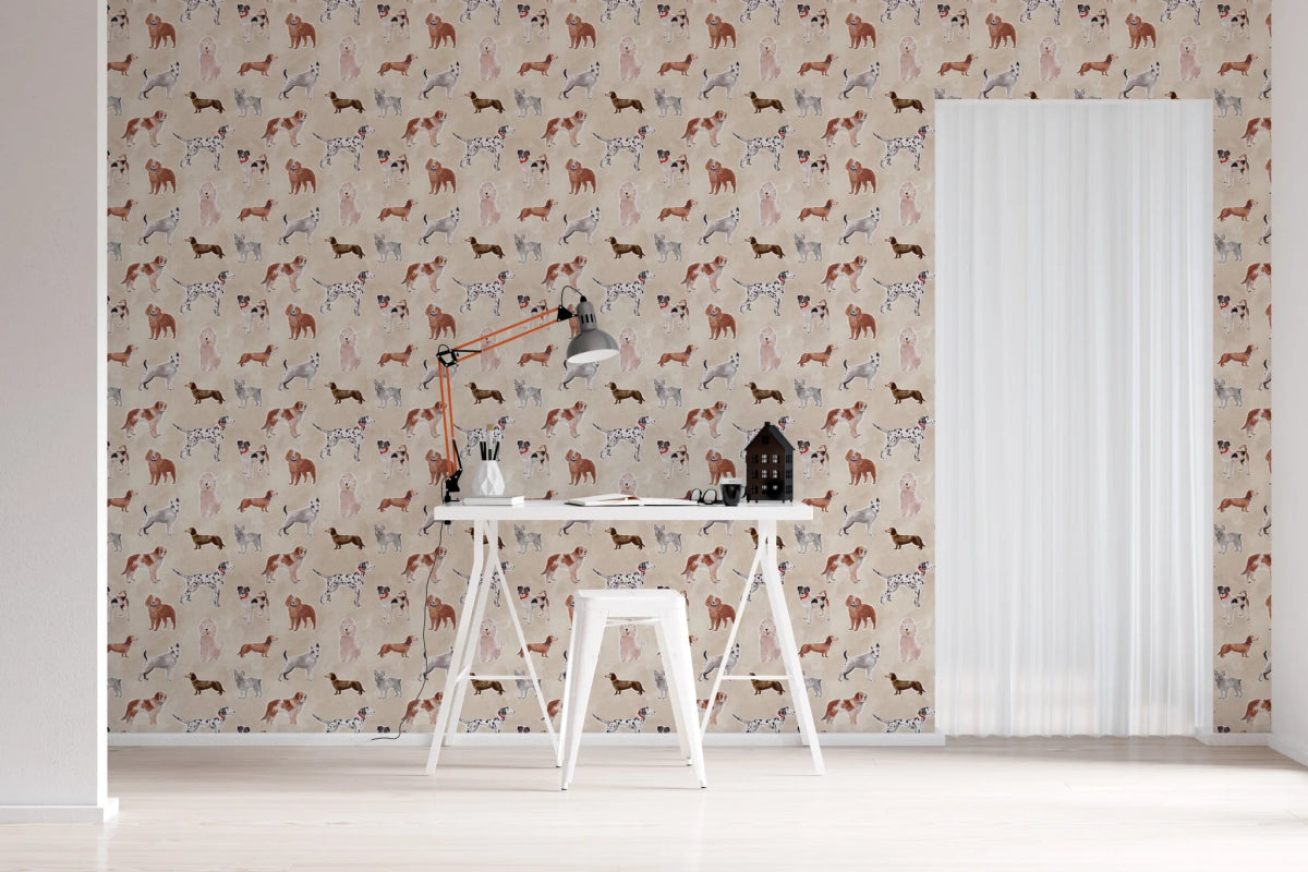 MUNKS & ME-Papier Peint Chambre Enfant à Motif Répété - Rigby Dog - Sable