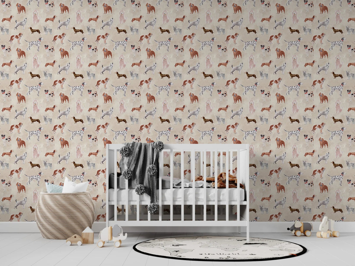 MUNKS & ME-Papier Peint Chambre Enfant à Motif Répété - Rigby Dog - Sable