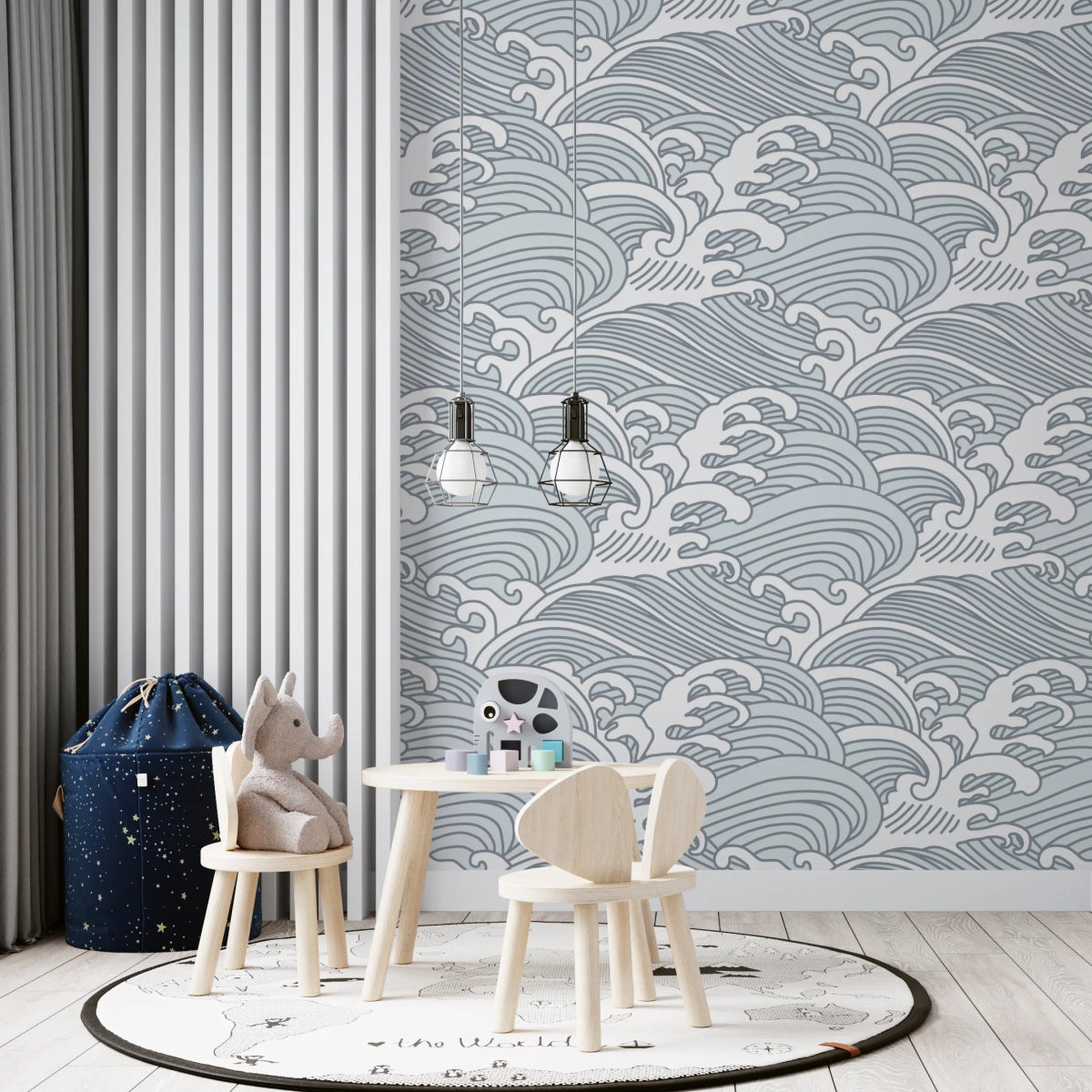 MUNKS & ME-Papier Peint Chambre Enfant à Motif Répété - Vagues Bleu