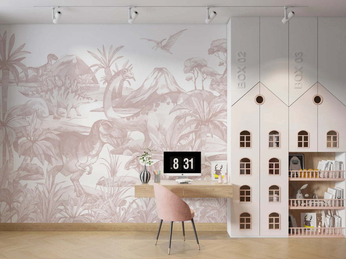 MUNKS & ME-Papier Peint Chambre Enfant Monde Des Dinosaures - Rose