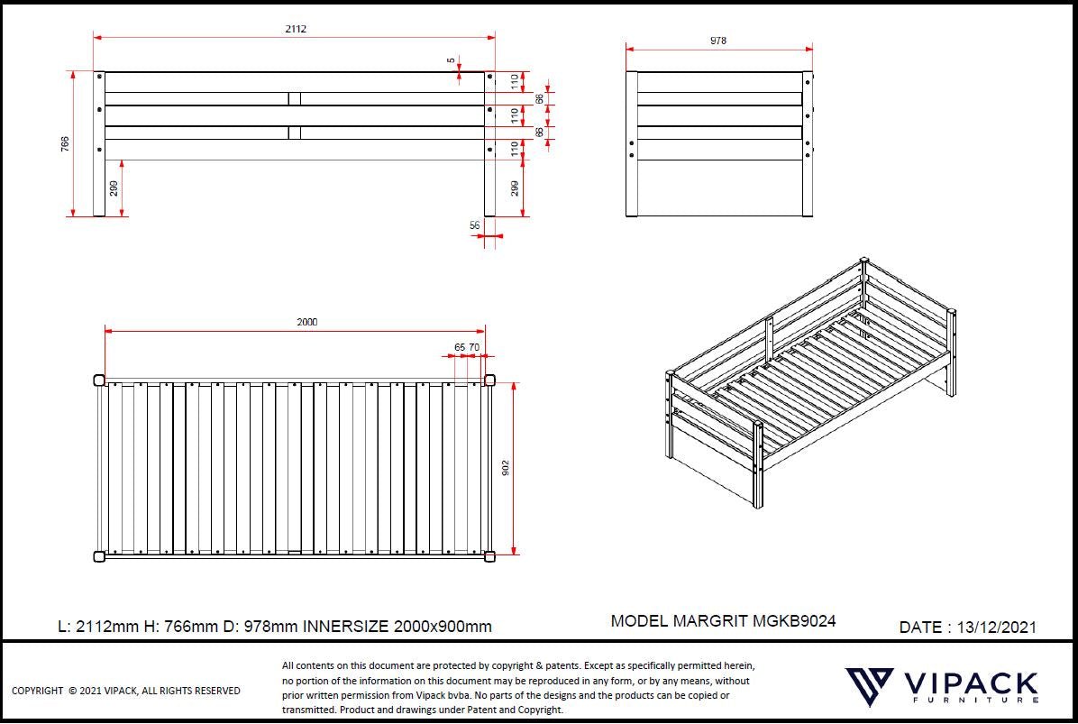 VIPACK-Lit Capitaine(90) MARGRIT 90 X 200 Cm Blanc