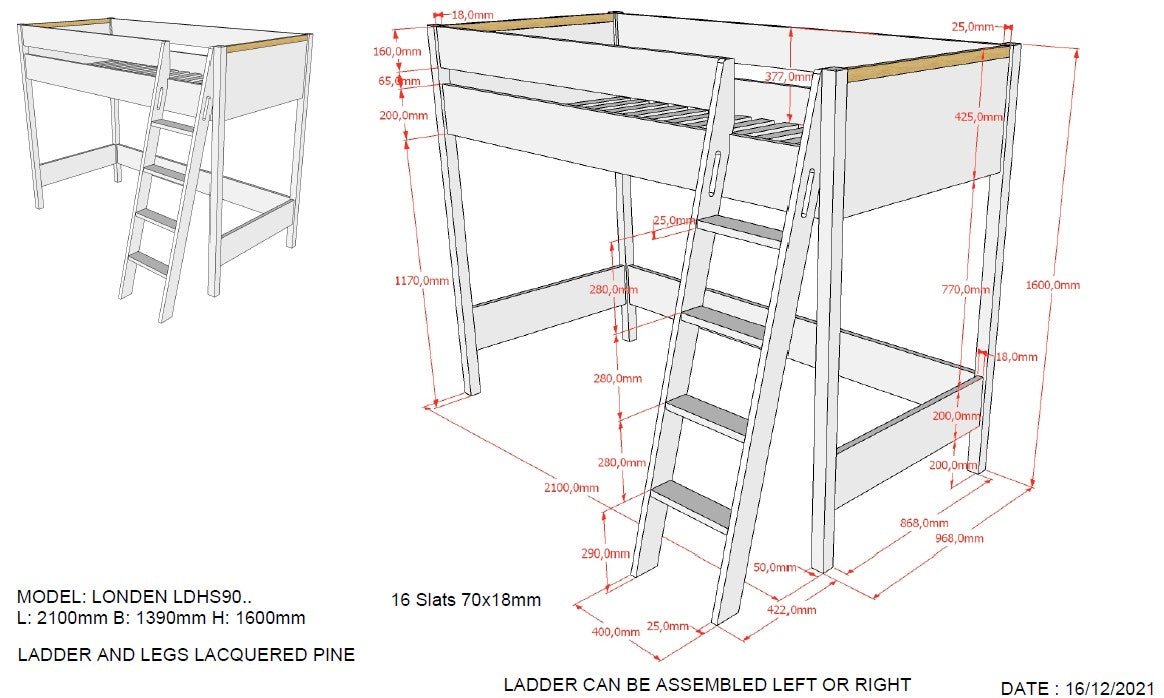 VIPACK-Lit Mezzanine LONDON Blanc 90 X 200 Cm