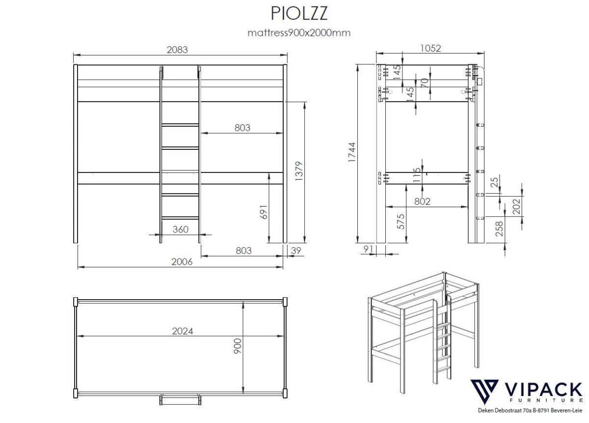 VIPACK-Lit Mezzanine PINO Sans Fauteuil 90 x 200 cm Blanc