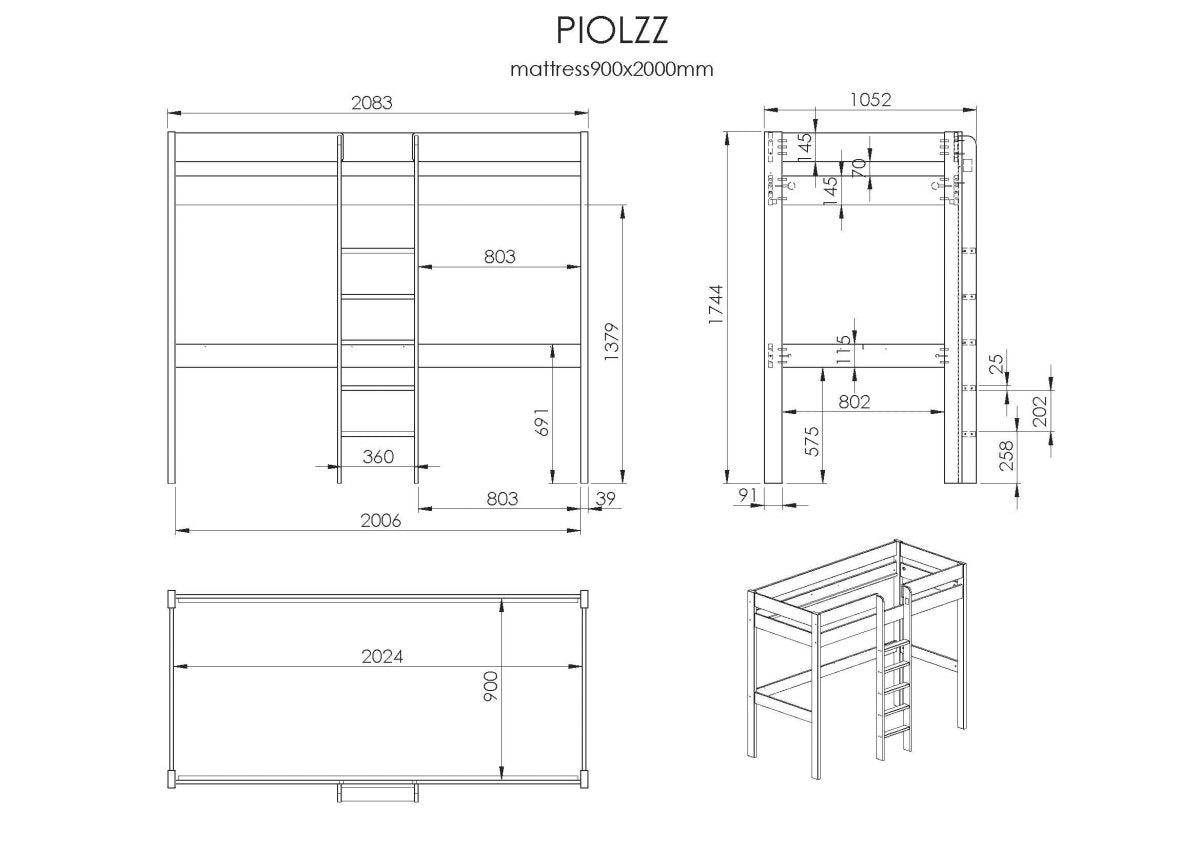 VIPACK-Lit Mezzanine PINO Sans Fauteuil 90 X 200 cm Gris