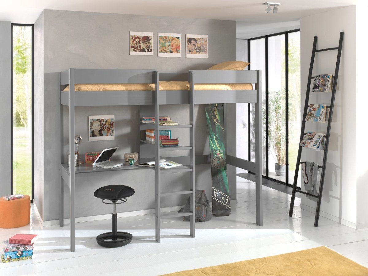 VIPACK-Lit Mezzanine PINO Sans Fauteuil 90 X 200 cm Gris
