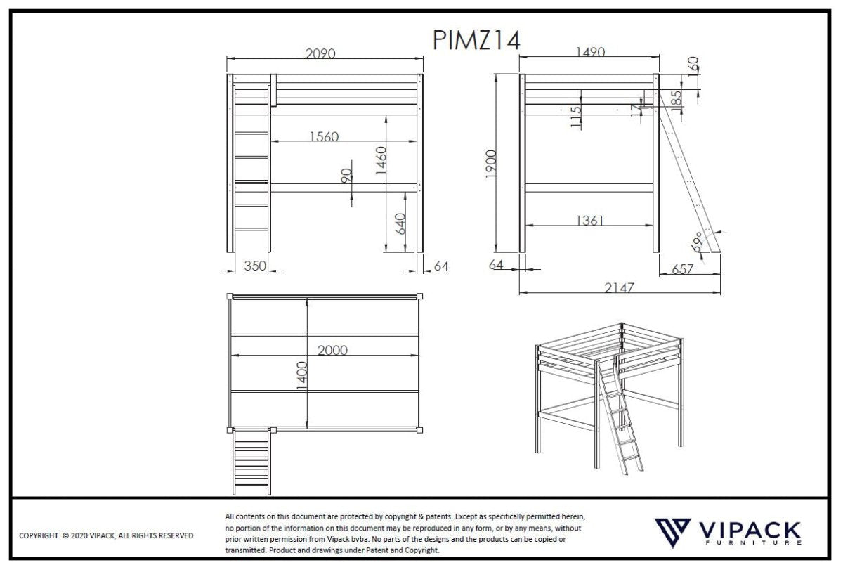 VIPACK-Lit Mezzanine 140 x 200 cm PINO Blanc
