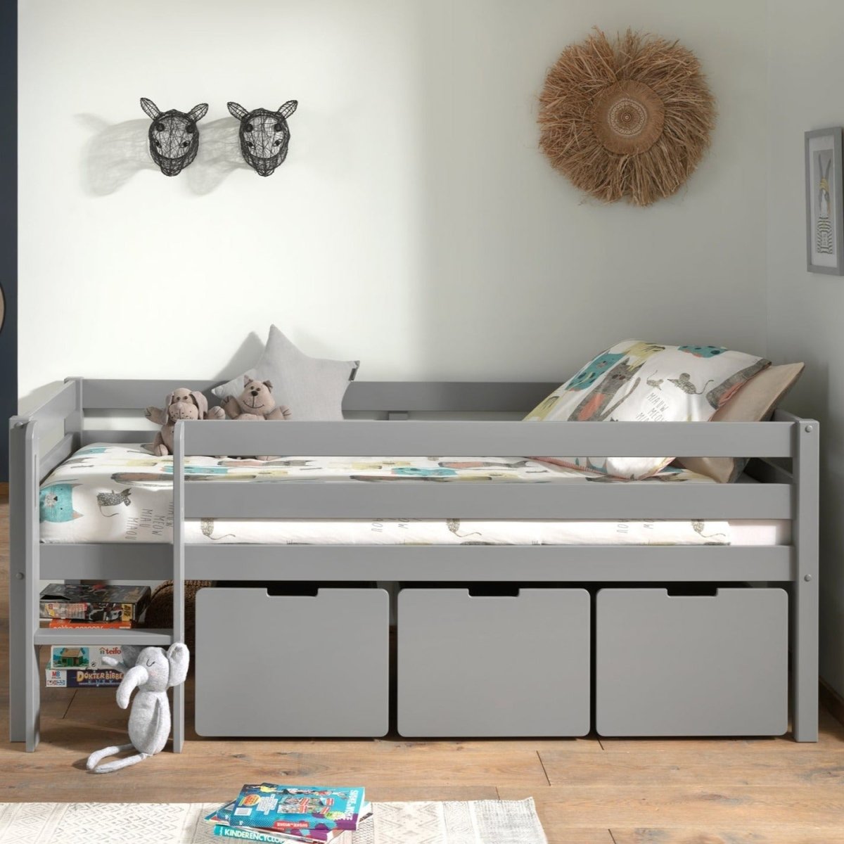 VIPACK-Lit Mi-Hauteur PINO (H 85cm) Avec Échelle 90 x 200 cm Gris