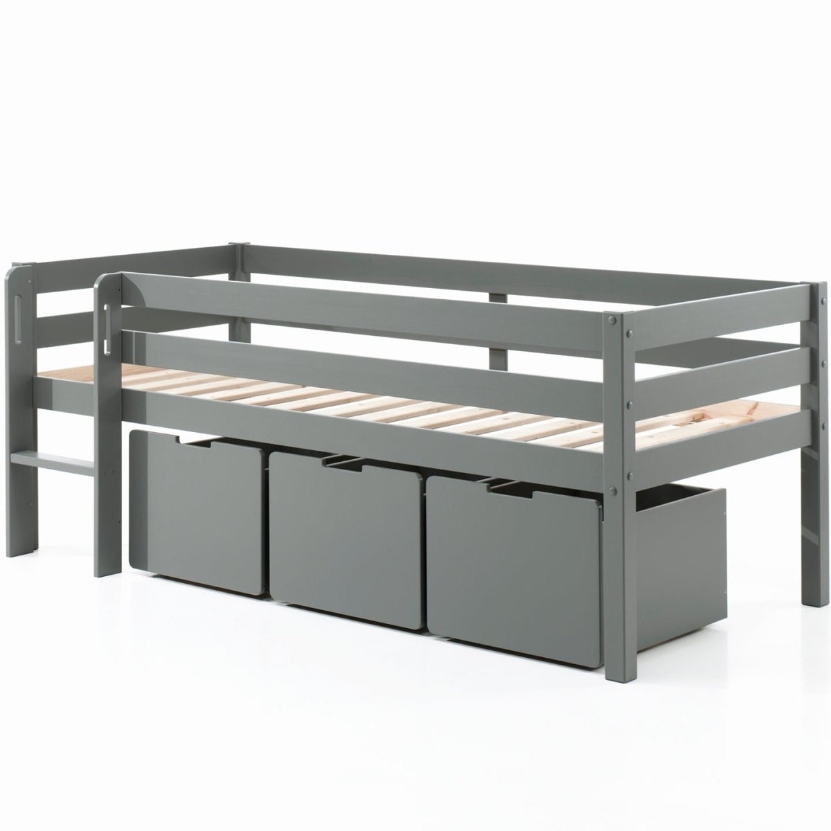 VIPACK-Lit Mi-Hauteur PINO (H 85cm) Avec Échelle 90 x 200 cm Gris