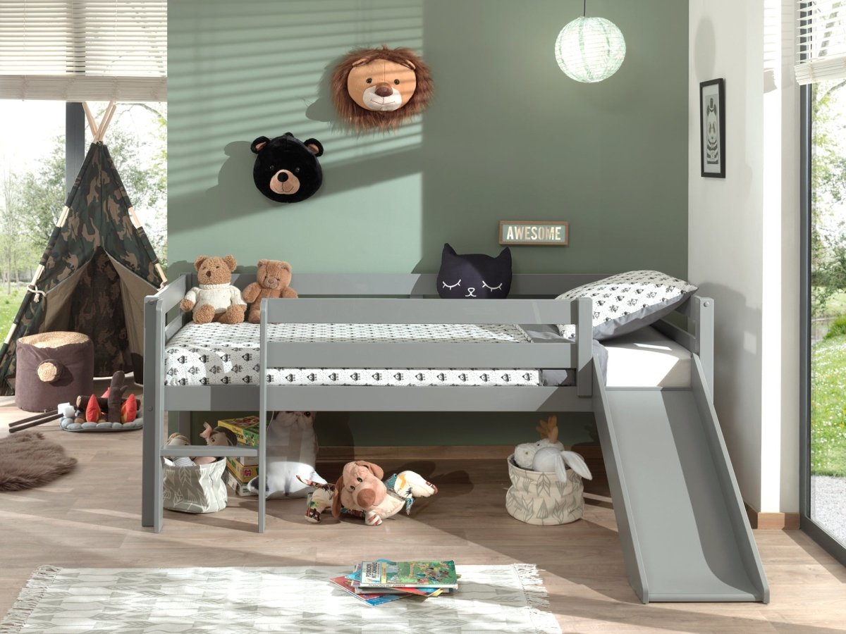 VIPACK-Lit Mi-Hauteur (H 85cm) PINO Avec Toboggan 90 x 200 cm Gris