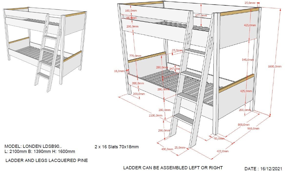 VIPACK-Lit Superposé 90 X 200 Cm LONDON - Blanc