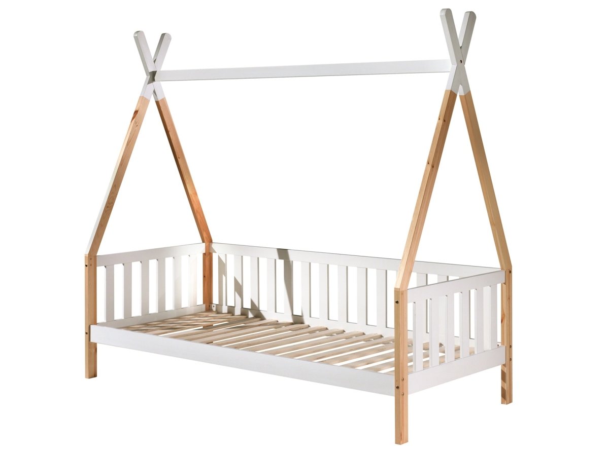 VIPACK-Lit Tipi Avec Barrière & Tiroir Gigogne Naturel 90x200cm
