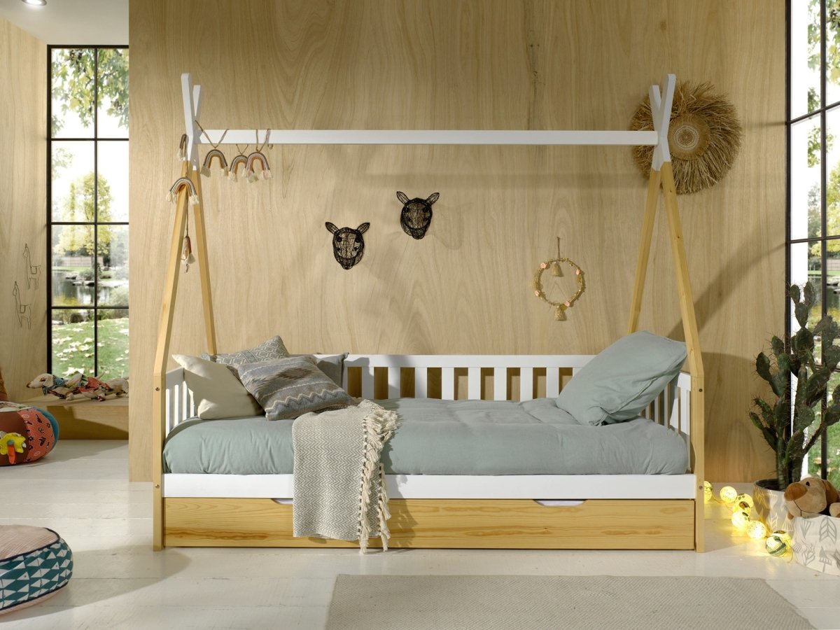 VIPACK-Lit Tipi Avec Barrière & Tiroir Gigogne Naturel 90x200cm