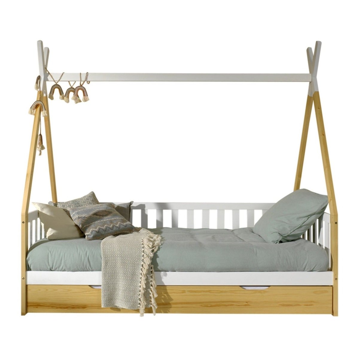 VIPACK-Lit Tipi Avec Barrière & Tiroir Gigogne Naturel 90x200cm